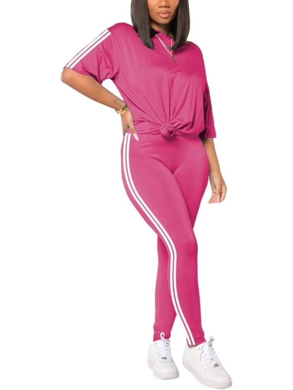 〽️Women's Rose Red 2 Piece Outfits Summer Sweatsuits Drop Shoulder Tracksuits